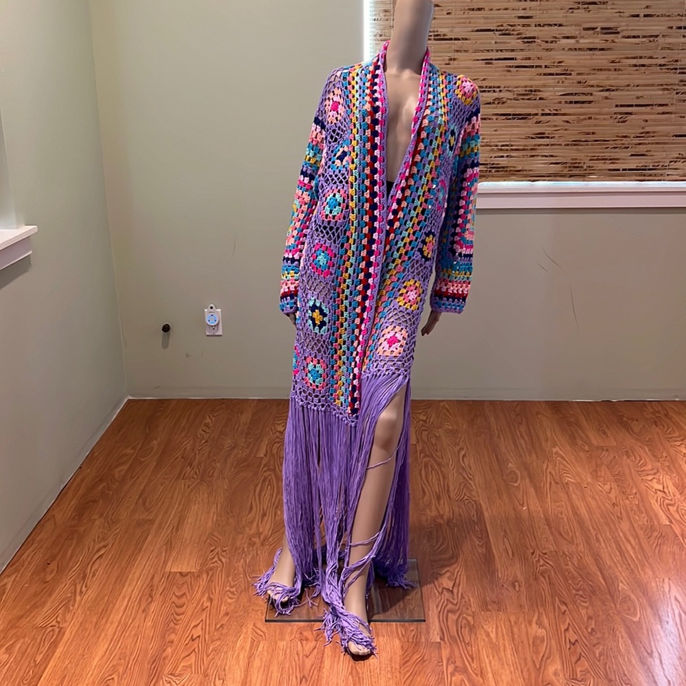 Loragal Gorgeous Multi-colored Crochet Coverup Duster or Sweater W/ Fringe OS